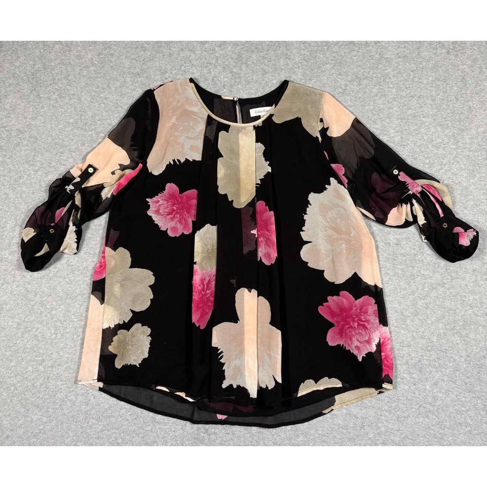 Calvin Klein Women's Black Pink Floral Sheer Roll Tab Sleeve Blouse Top Size (M)